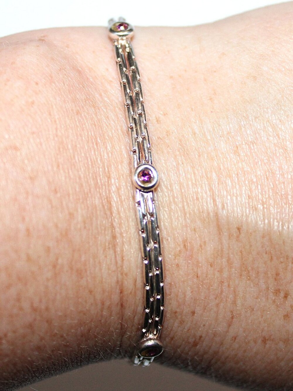 Sterling Silver Pink Cubic Zirconia Chain Bracelet 7 Inches